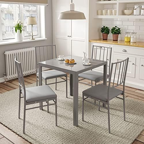 75cm Square Glass Dining Table Grey Tempered Metal Frame Kitchen Table
