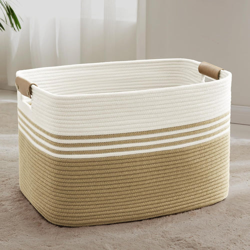 86L Large Woven Laundry Hamper with Leather Handles, Blanket & Clothes Storage –