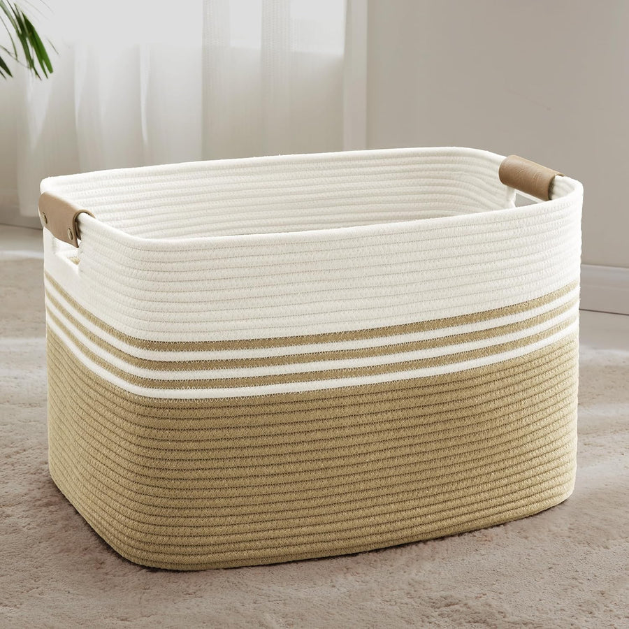 86L Large Woven Laundry Hamper with Leather Handles, Blanket & Clothes Storage –