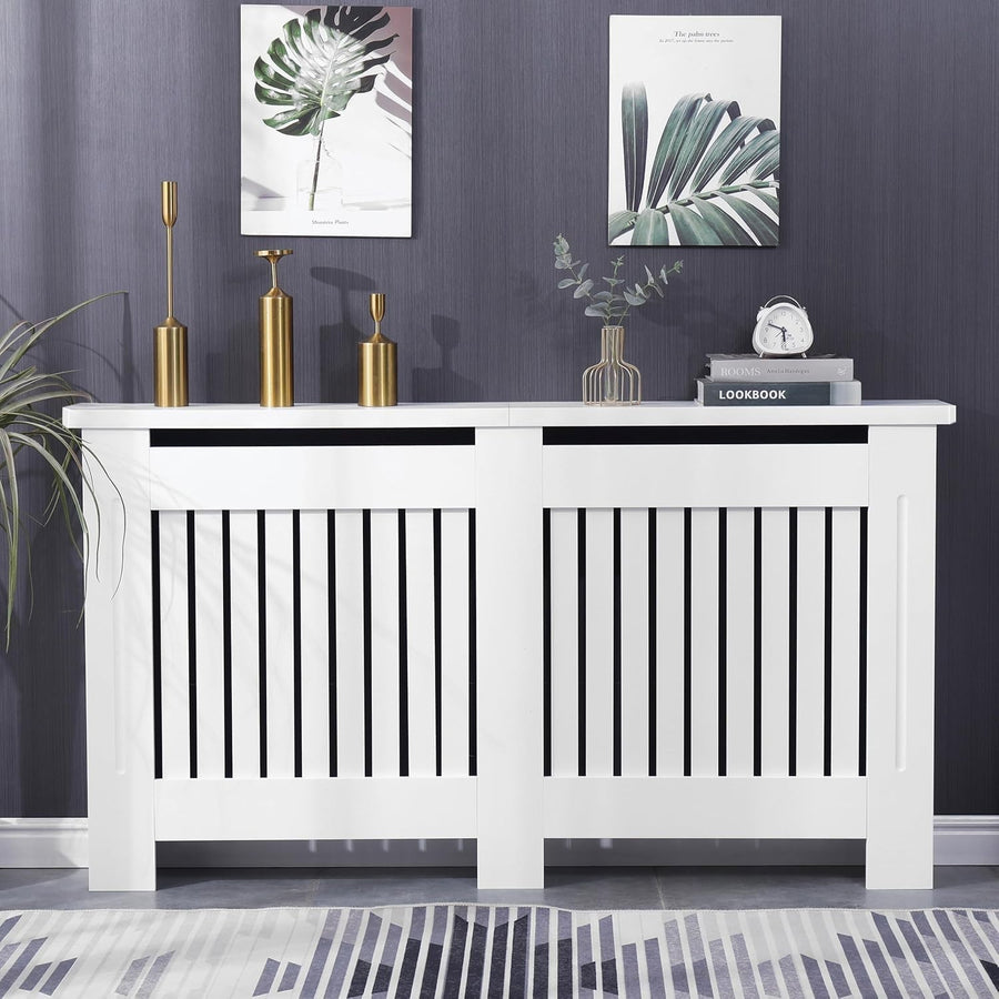 Large White Radiator Cover | Modern MDF Slatted Heater Cabinet with Shelf
