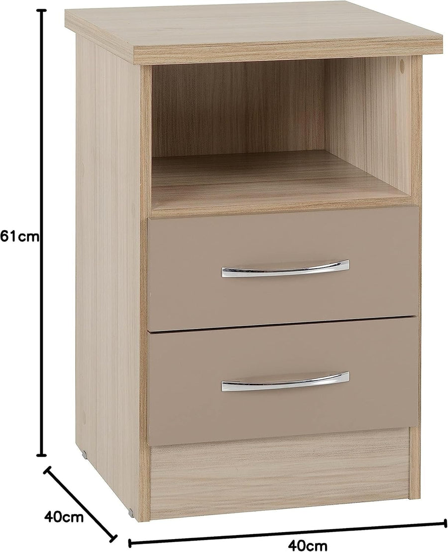 2 Drawer Bedside Table in Oyster Gloss & Light Oak – Modern Nightstand