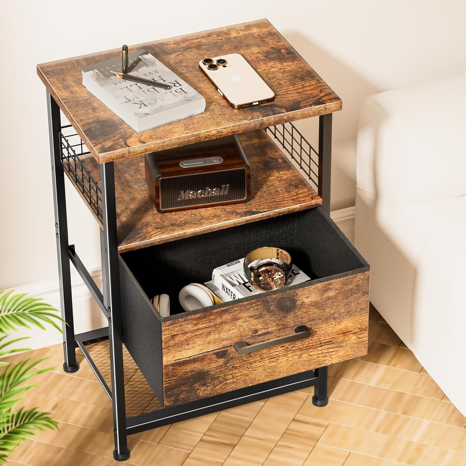 Set of 2 Rustic Brown Bedside Tables with Drawers & Shelves