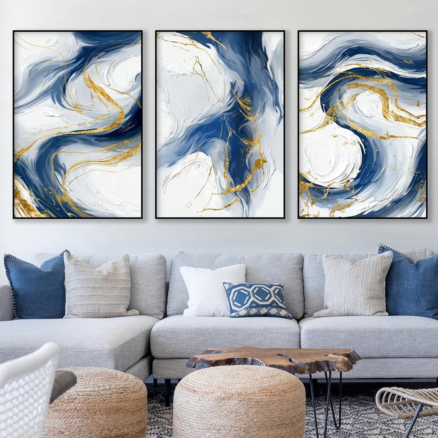 Blue Gold Abstract Canvas Wall Art Set 3 60x40cm Prints