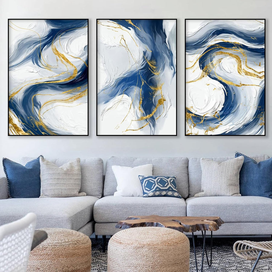Blue Gold Abstract Canvas Wall Art Set 3 60x40cm Prints