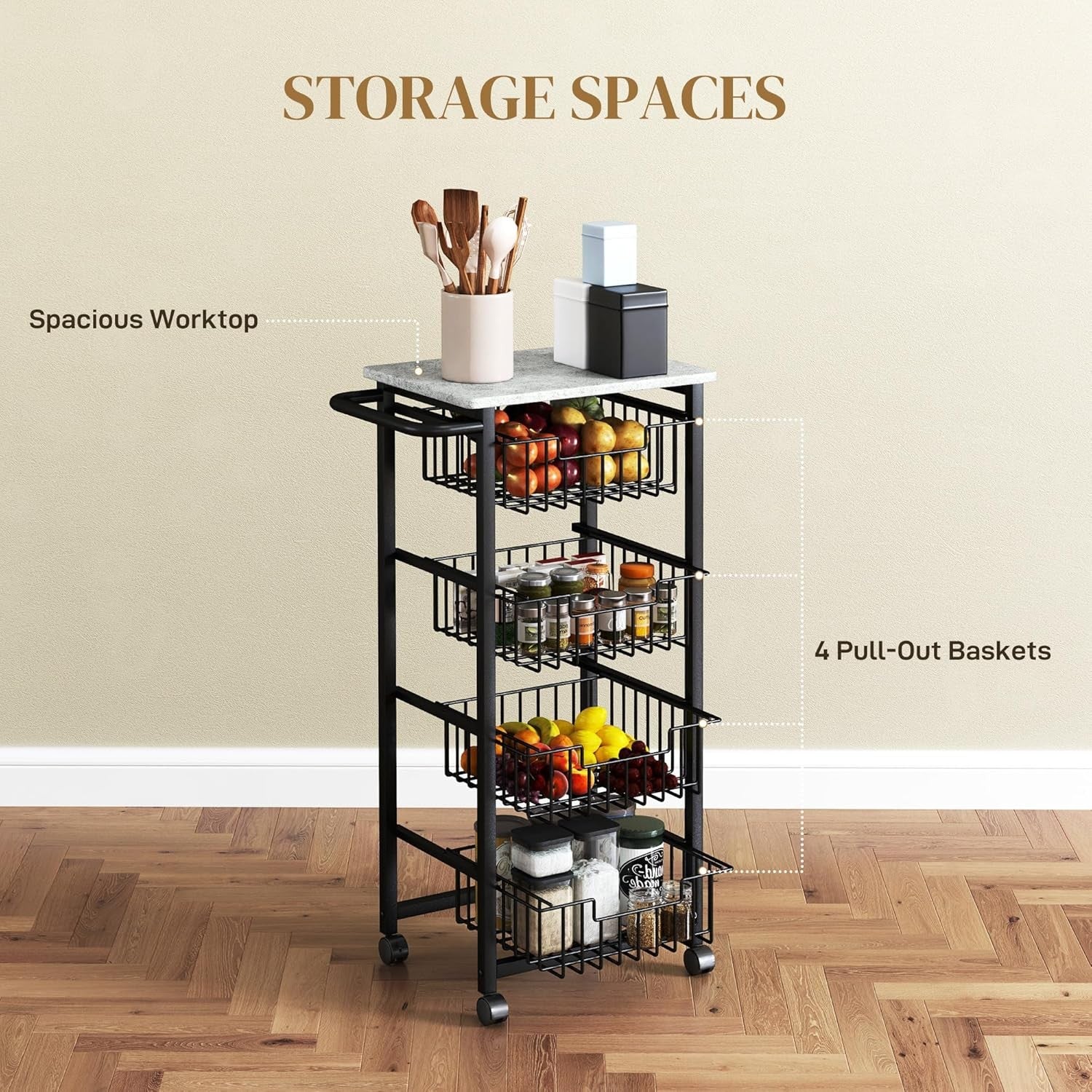 4 Tier Kitchen Storage Trolley with Pull Out Baskets Rolling Utility Cart