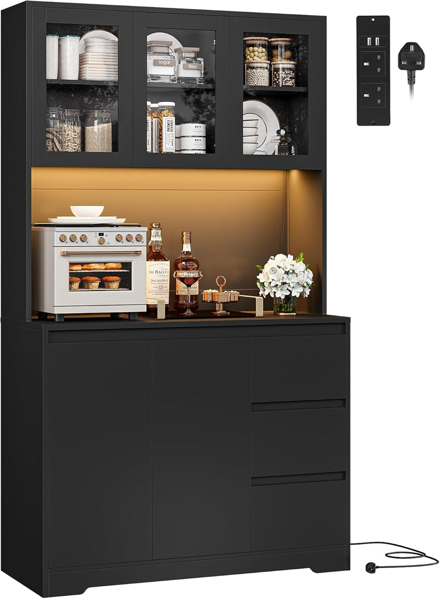 Tall Black Kitchen Cabinet with LED Lights, Drawers & Adjustable Shelves