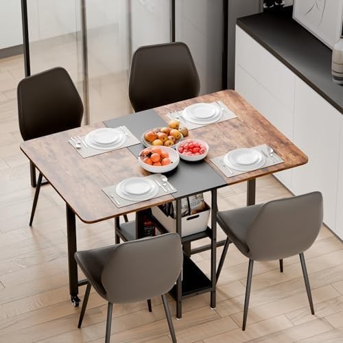 Rustic Brown Drop Leaf Folding Dining Table with Storage 120cm