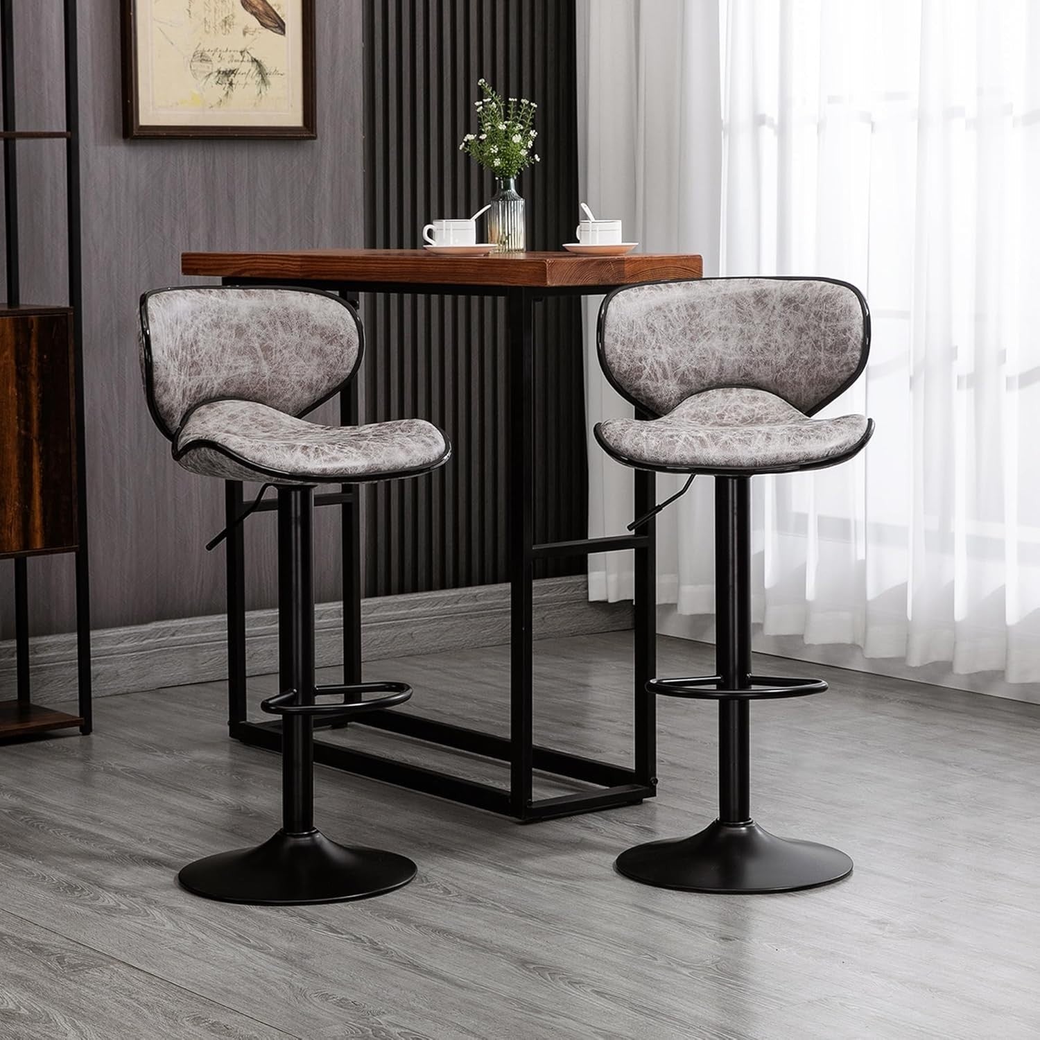 Adjustable Swivel Bar Stools Set of 2 | Light Brown Faux Leather