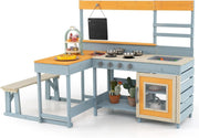 Kids Mud Kitchen Outdoor Wooden Play Kitchen Picnic Table Grey Blue
