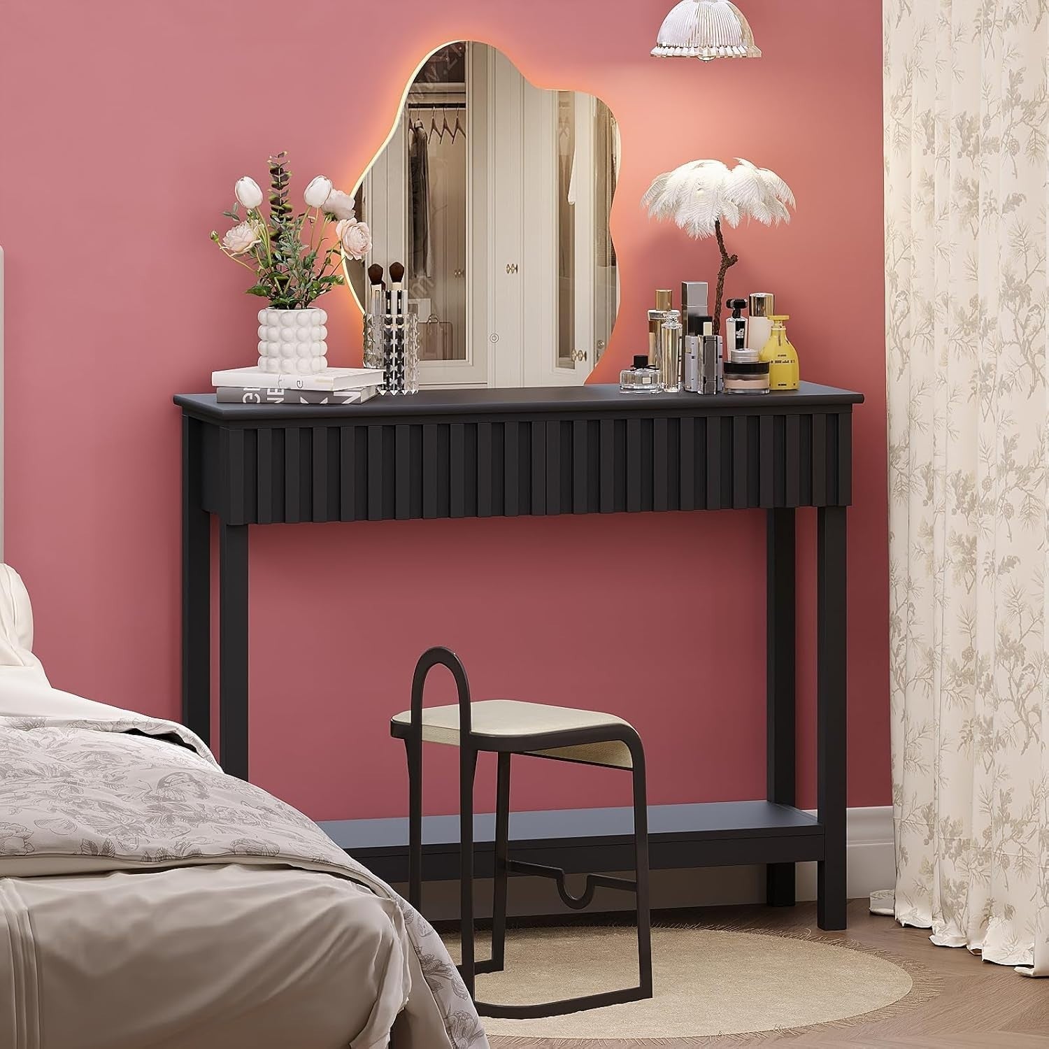 Narrow Fluted Console Table with 2 Drawers & Open Shelf, 81.5cm H