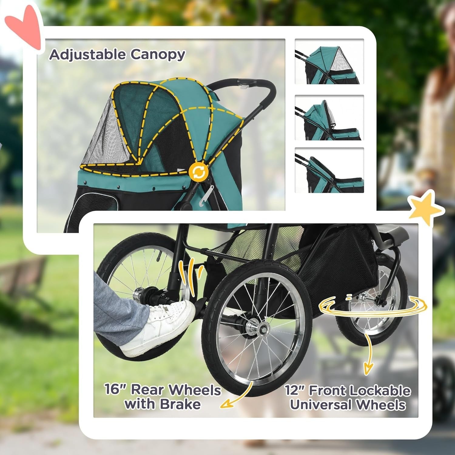 Pet Stroller for Small & Medium Dogs up to 20kg, Foldable 3 Wheel Jogger