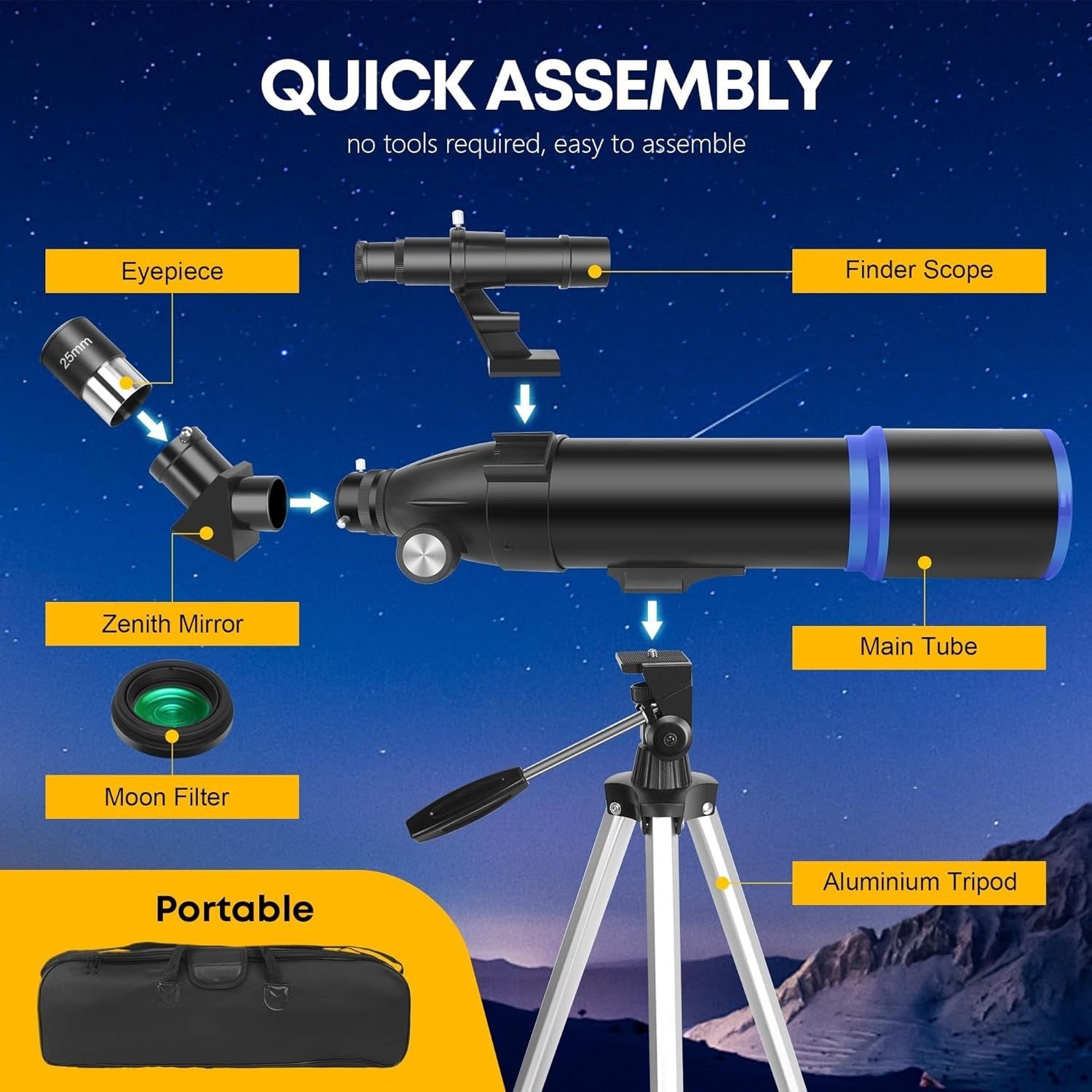 80mm Aperture 600mm Refractor Telescope for Adults & Kids - Black-1