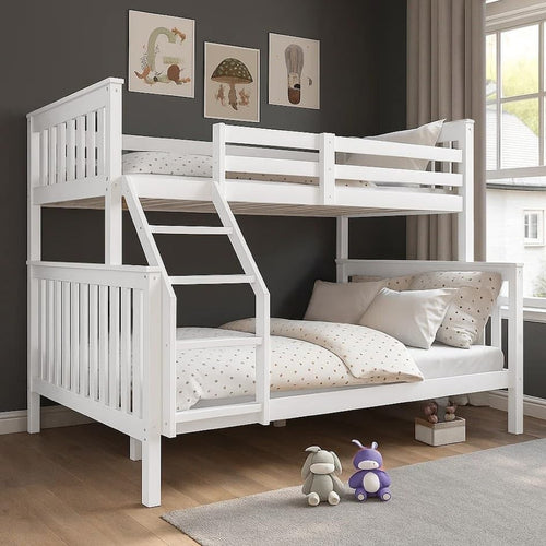 Wooden Triple Bunk Bed Frame – 4ft6 & 3ft Kids Sleeper with 2x Mattress