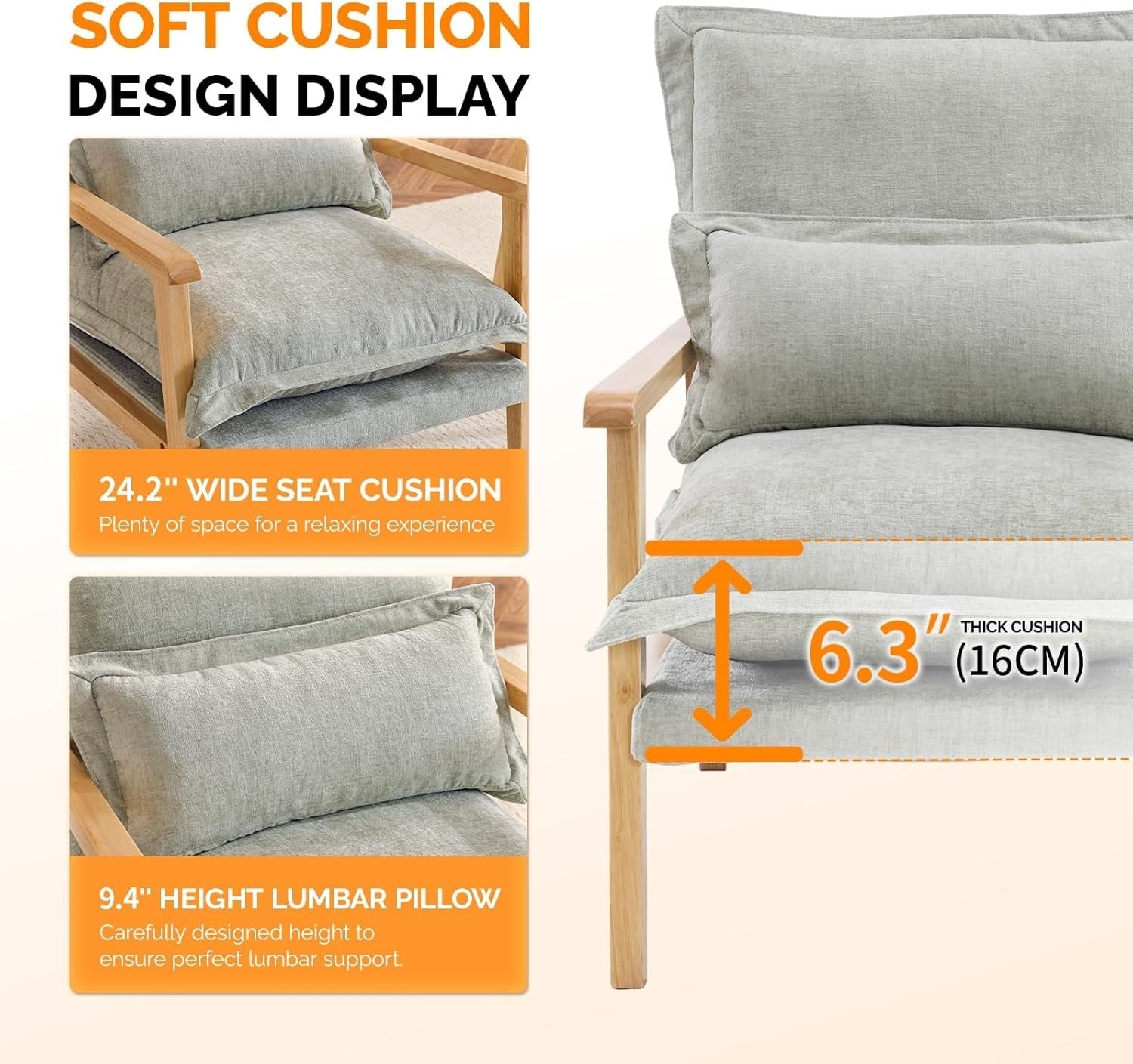 Modern Mid-Century Accent Armchair with Plush Cushion & Wooden Frame, Cozy