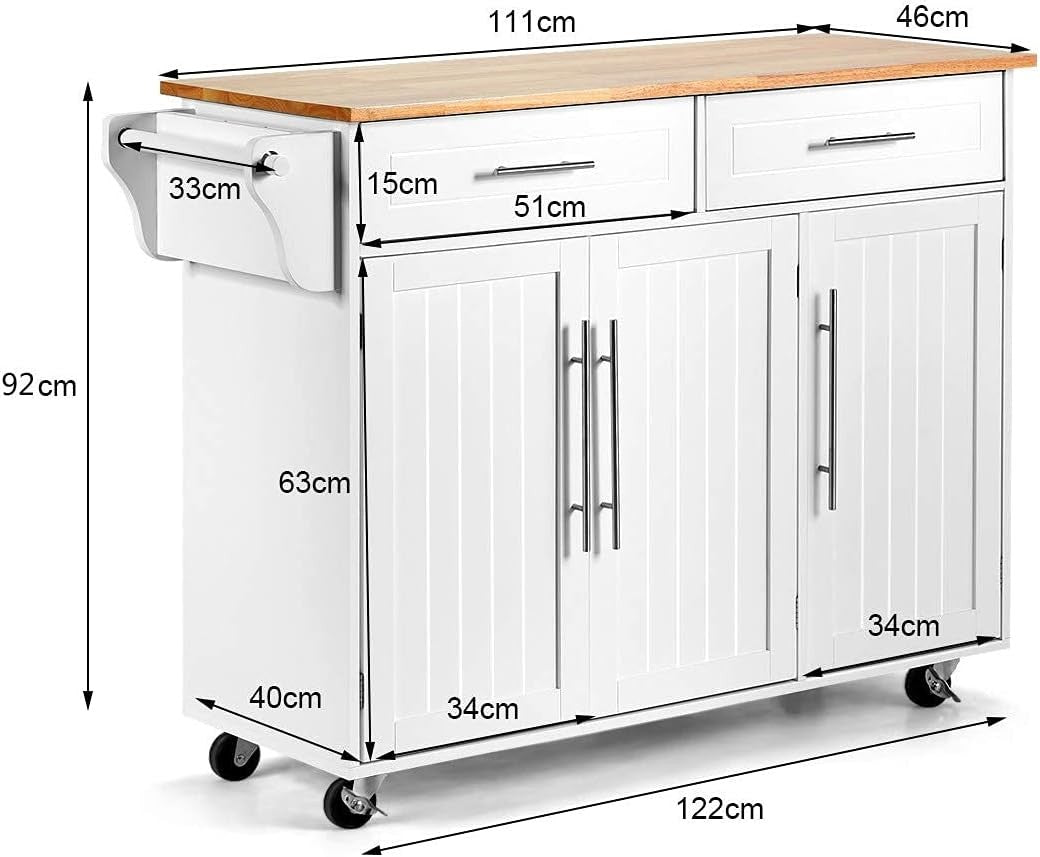 Kitchen Island Cart with Drawers Cabinets Lockable Wheels Solid Wood Top