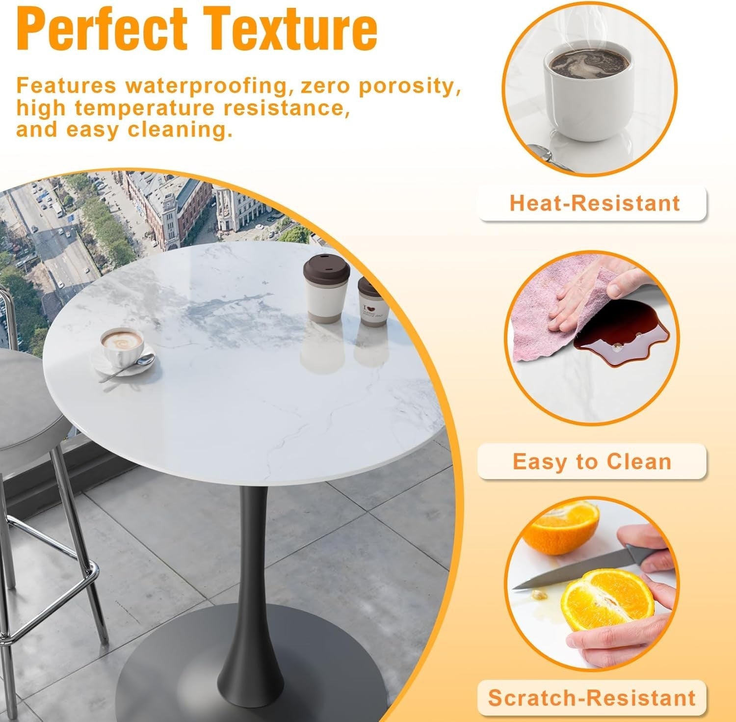 White 76cm Round Tall Bar Table 100cm Sintered Stone Top with Black Metal Base