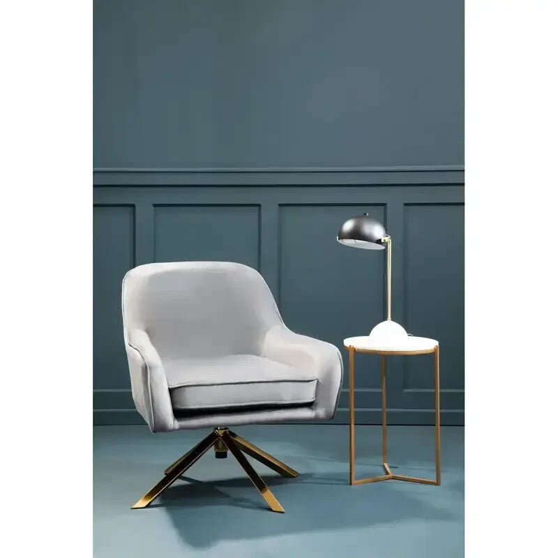 Grey Velvet Swivel Armchair with Gold Legs | Modern Lounge Chair for Living Room