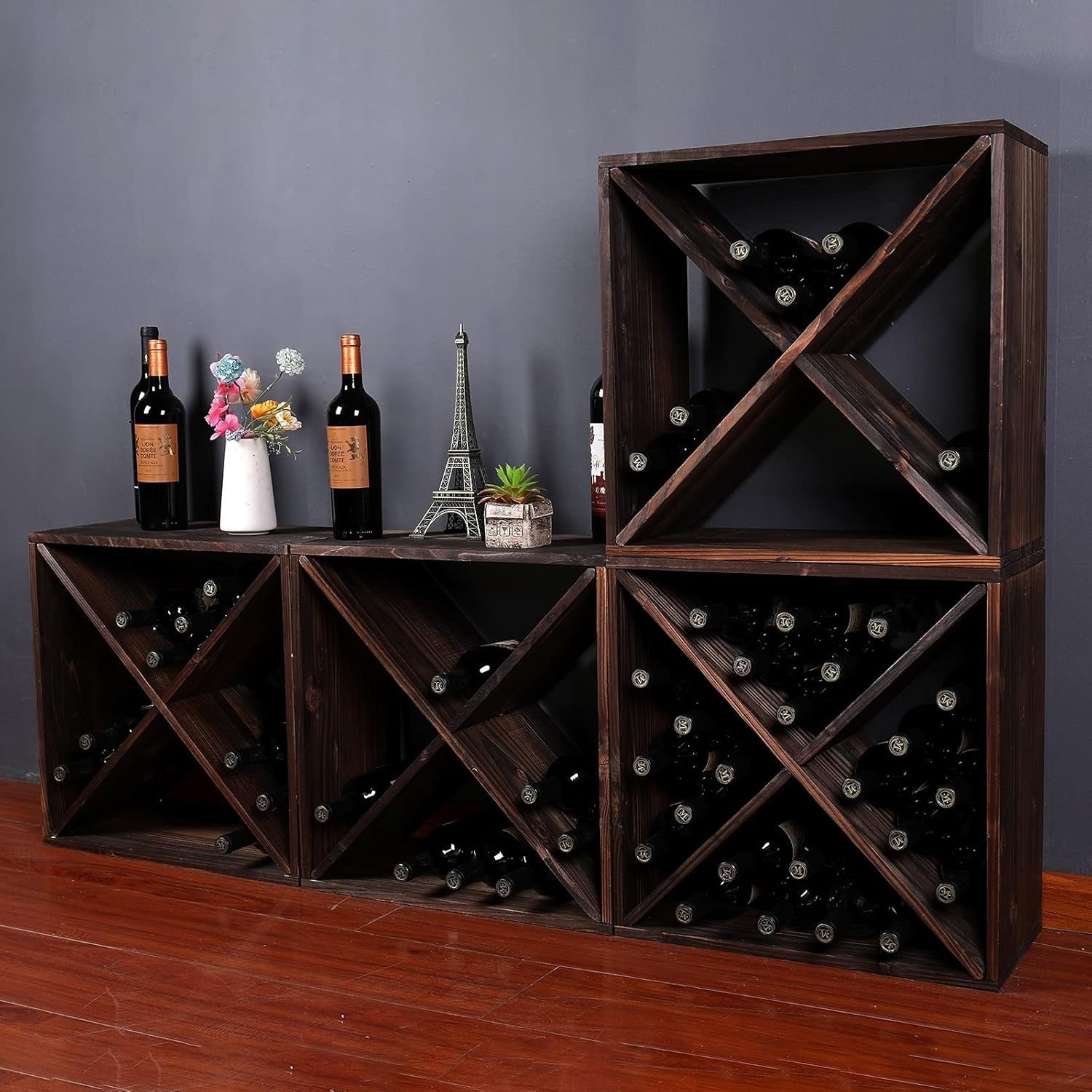 24 Bottle Wooden Wine Rack Cube Storage Stand Rustic Countertop Bar Display Dark