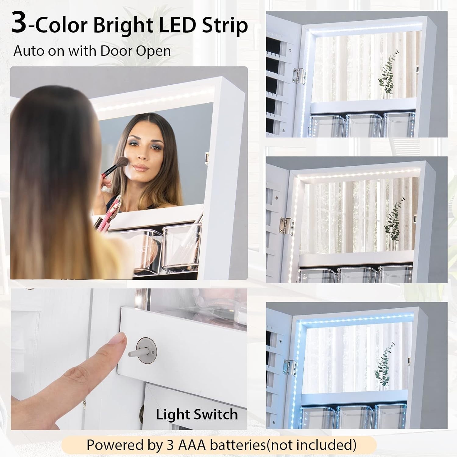 White LED Jewelry Cabinet Mirror Lockable Full Length Storage Stand