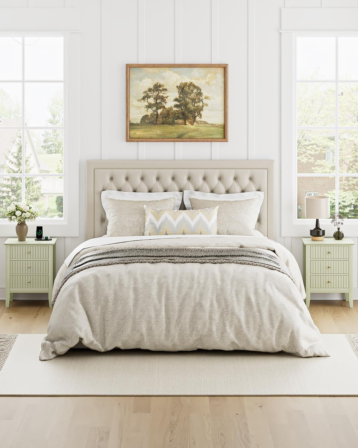 Modern Green Bedside Table with 3 Drawers Wooden Nightstand Bedroom Storage