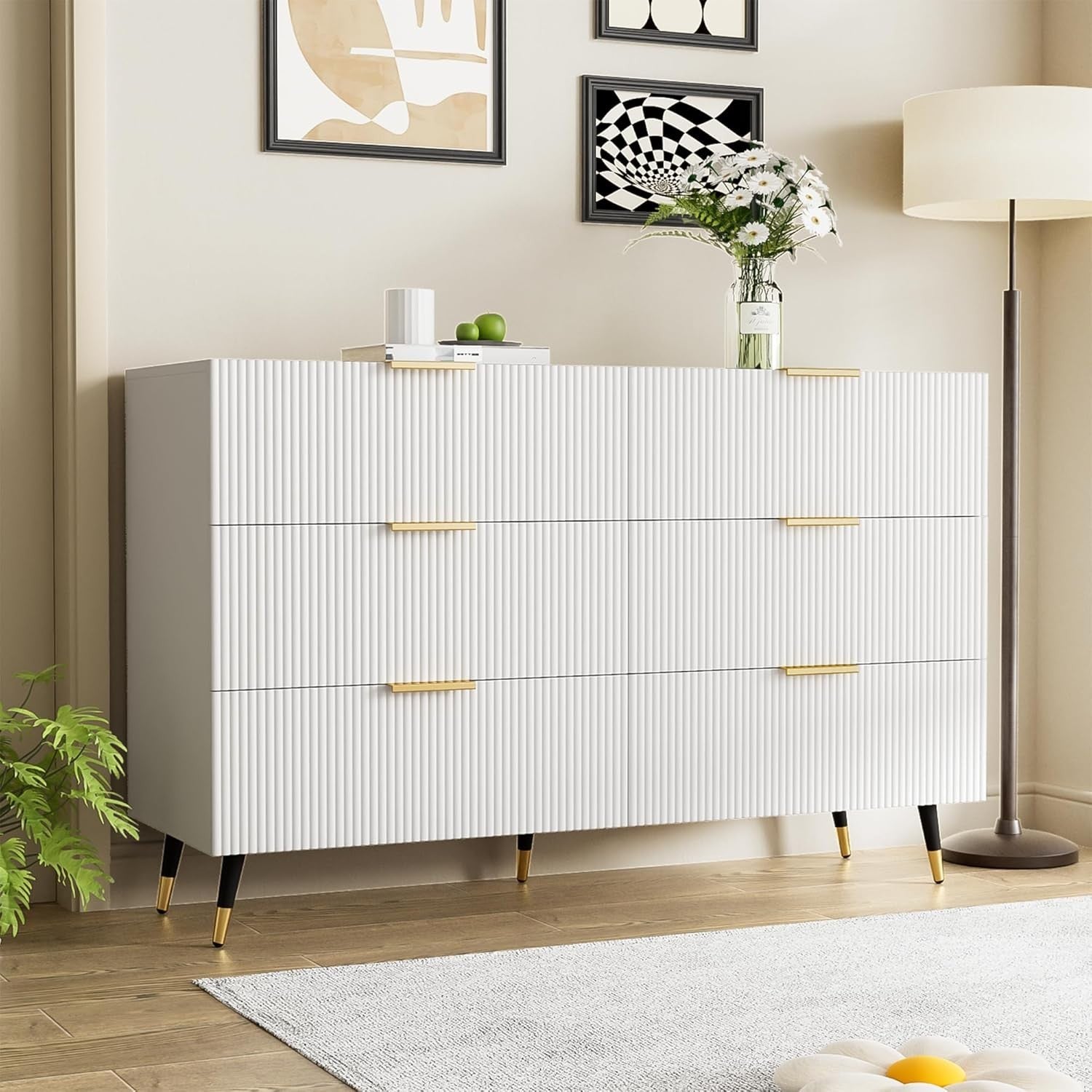 Modern White Sideboard Cabinet 6 Drawers Gold Legs Storage 120x40x77cm