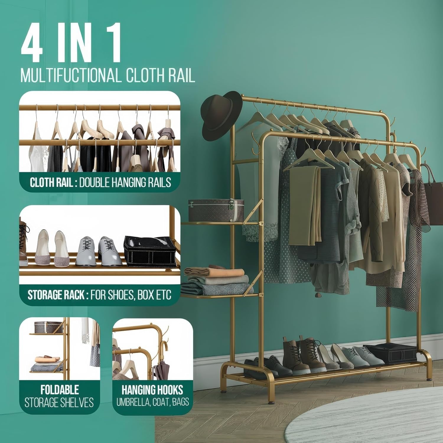 Gold Heavy Duty Clothes Rail 100KG With Folding Shelves