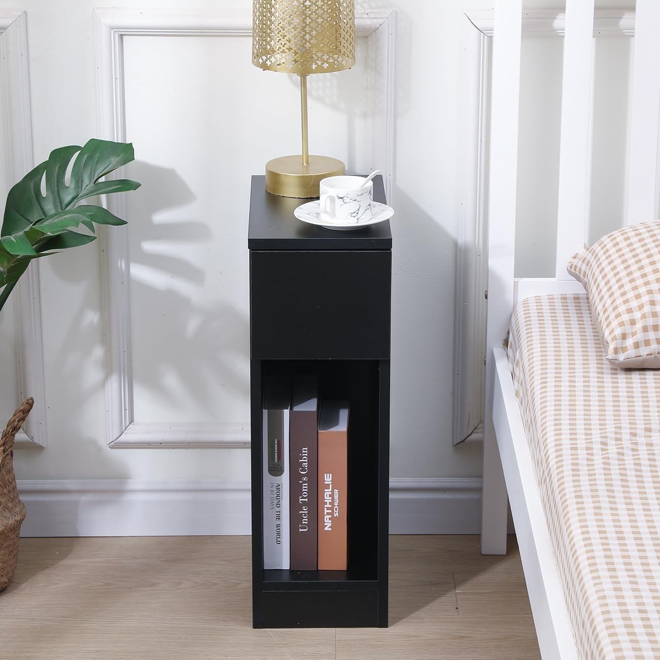 Slim Black Storage Cabinet with Drawer – Modern Narrow Bedside & Bathroom Unit
