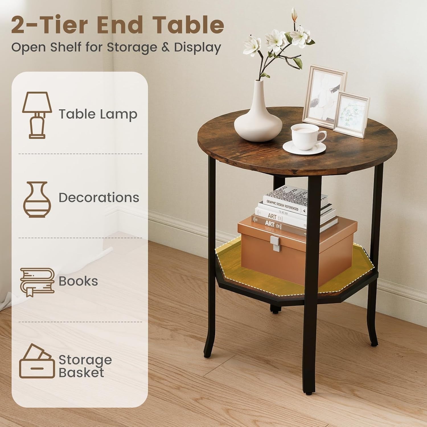 Rustic Brown Round Side Table | 2-Tier Industrial Sofa End Table with Shelf 50×6