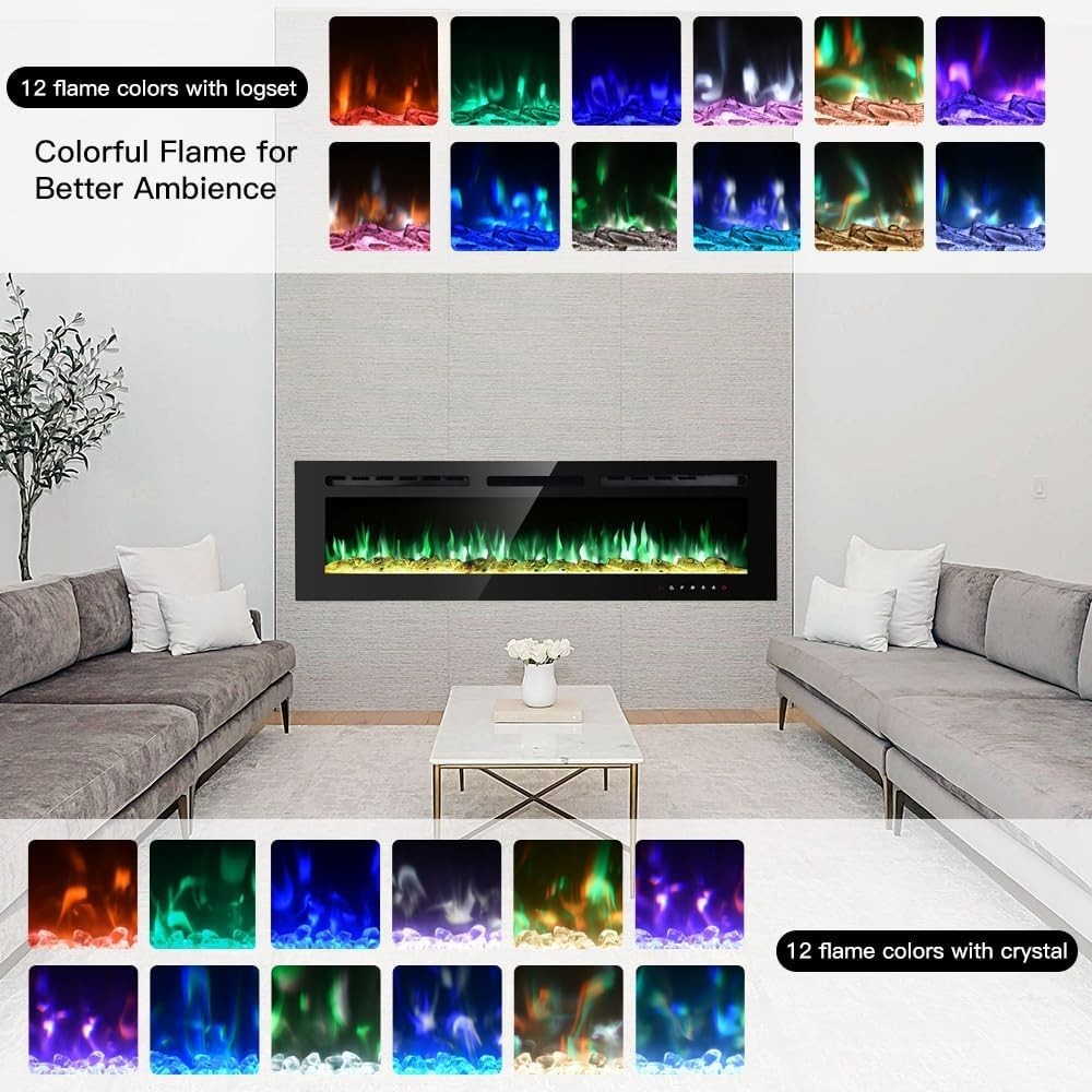 70” Wall Mounted Electric Fireplace LED Flame Heater Remote Timer