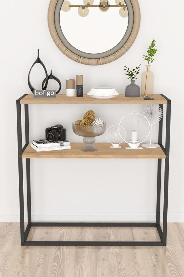 Slim Console Table with 2 Shelves – Modern Wood Top & Metal Frame Storage