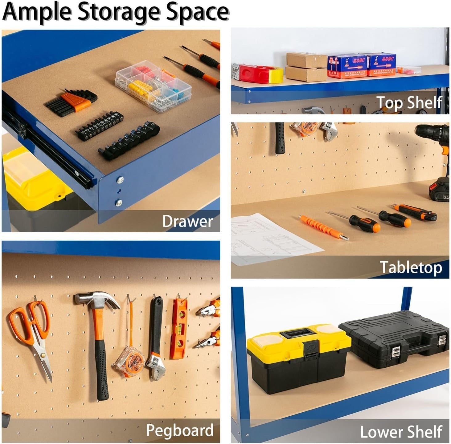 Blue Steel Garage Workbench Tool Station w/ Drawer Pegboard Shelf DIY Bench