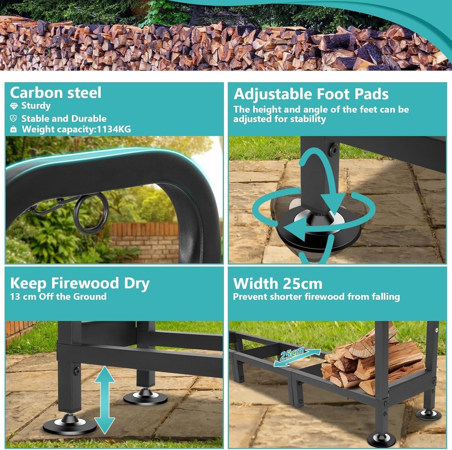 Heavy-Duty Outdoor Log Rack with Waterproof Cover, Expandable 235x25x116cm