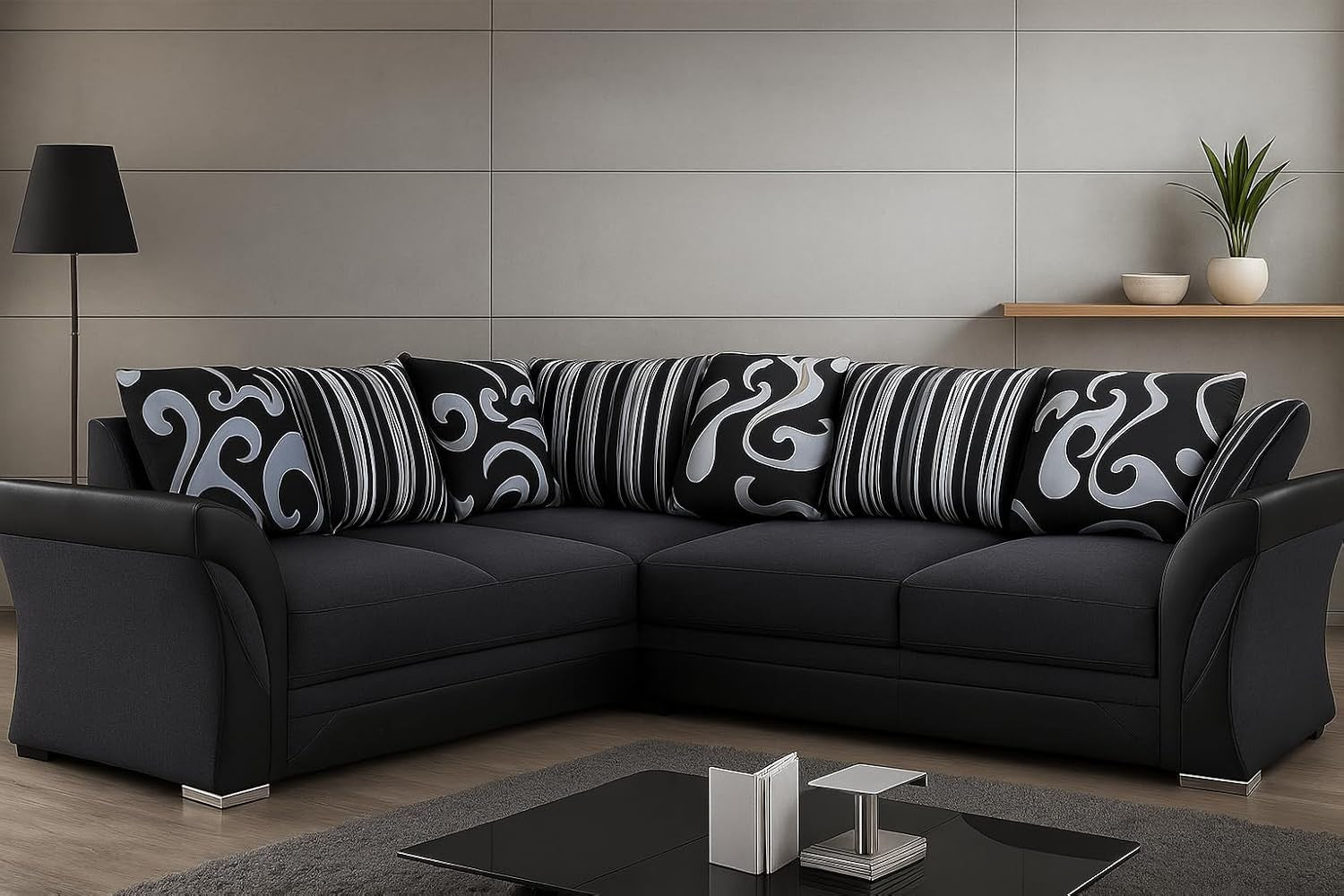 5 Seater Corner Sofa Grey Chenille & Black Faux Leather – L Shape, Washable