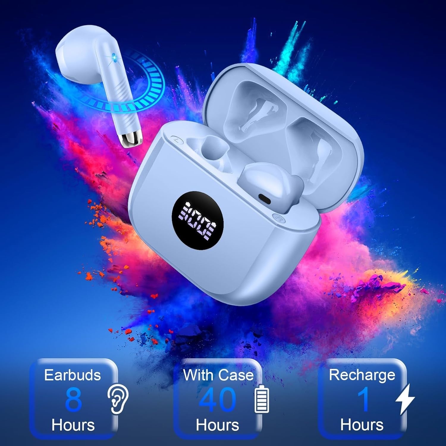 Bluetooth 5.4 Earbuds Purple ENC Mic Deep Bass 40H Touch IP7