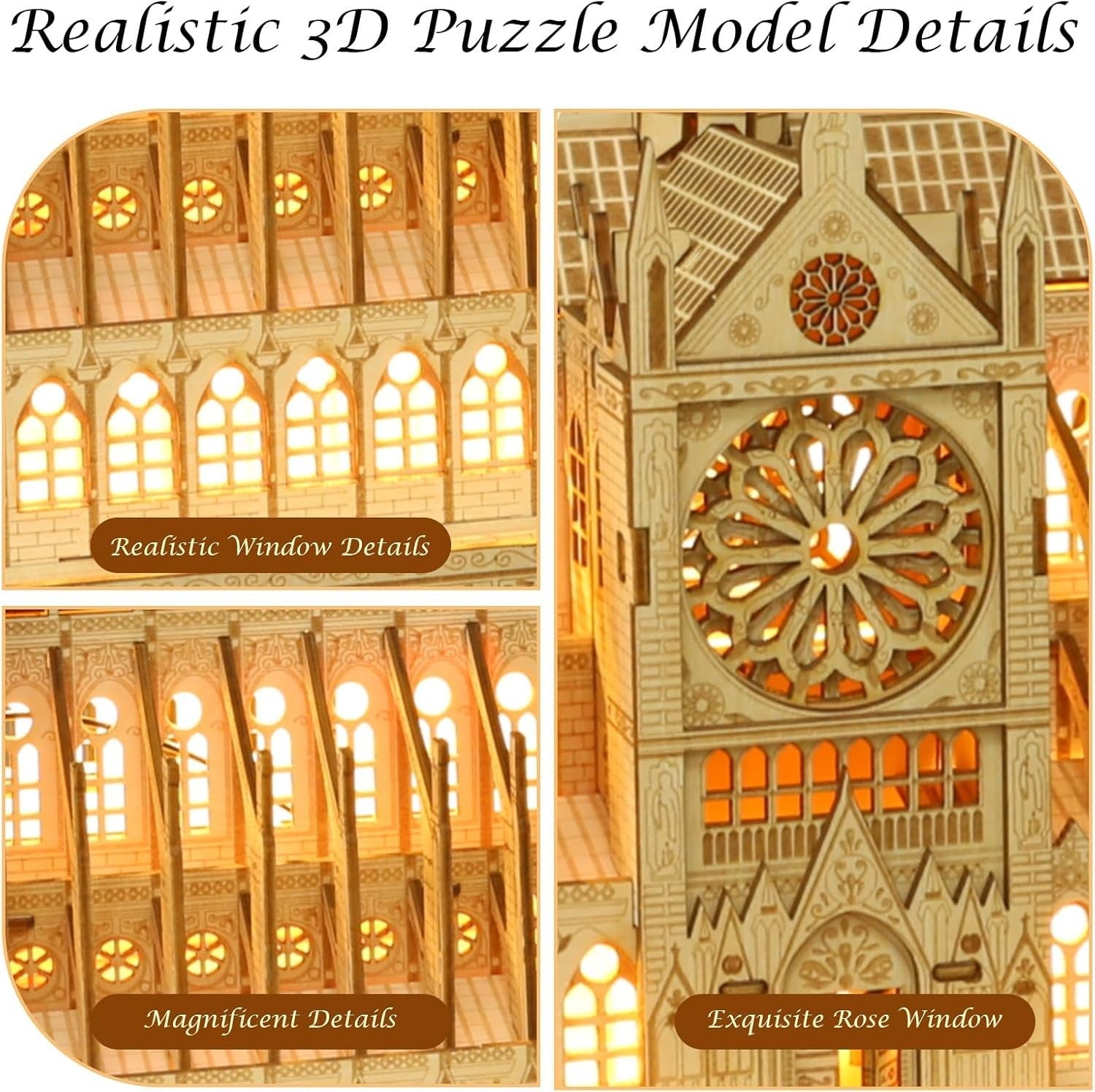 3D Wooden Notre Dame Puzzle with LED Light, DIY Architectural Model Kit