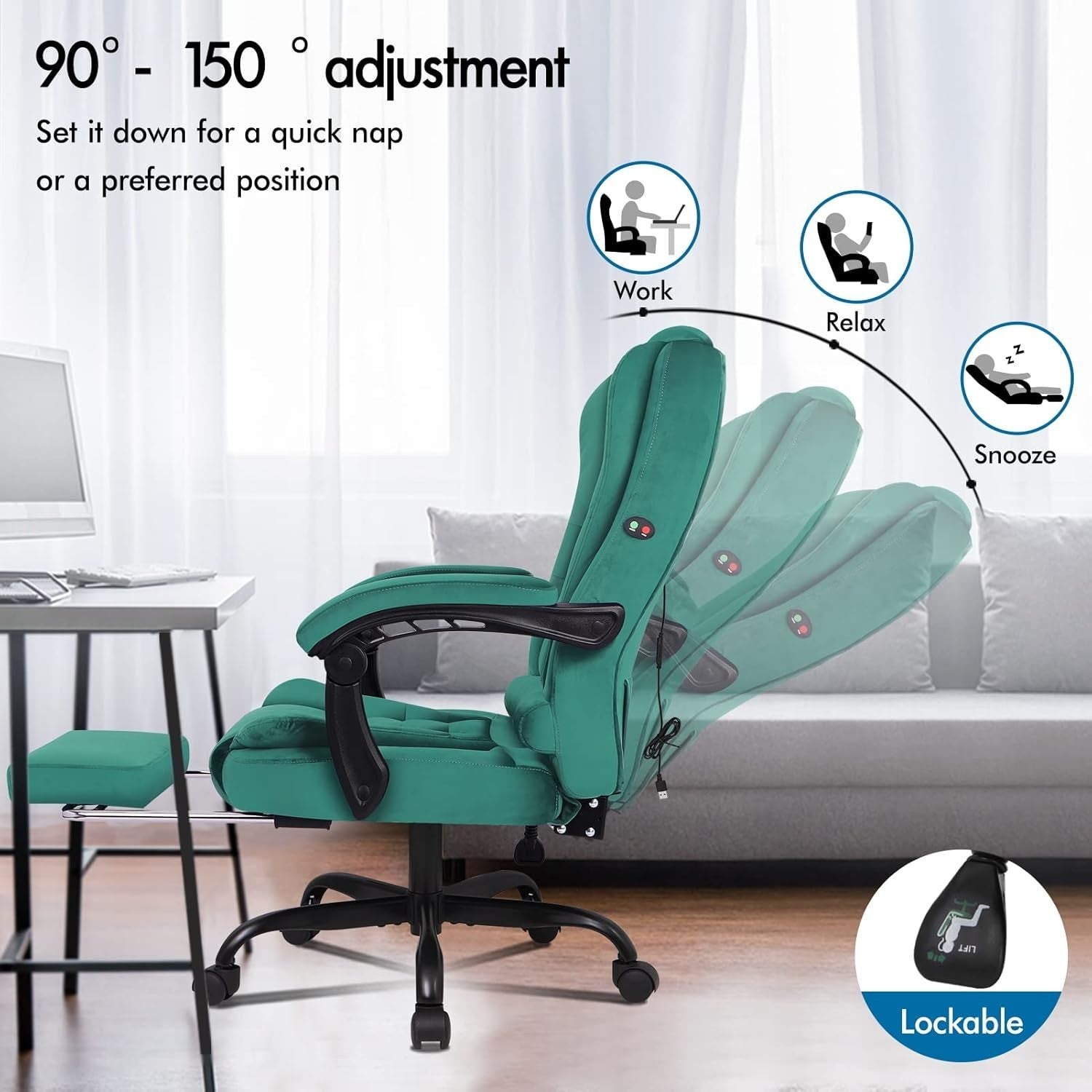 Velvet Massage Office Chair Recliner Footrest Ergonomic Swivel Green