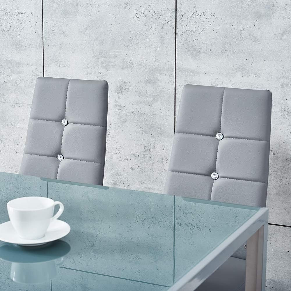 Modern Grey Glass Dining Table with 4 Faux Leather Chairs – 120CM, Durable