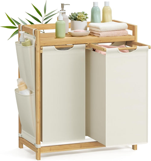 Dual Laundry Hamper with Bamboo Shelf 2 Compartments Sorter 100L Cream