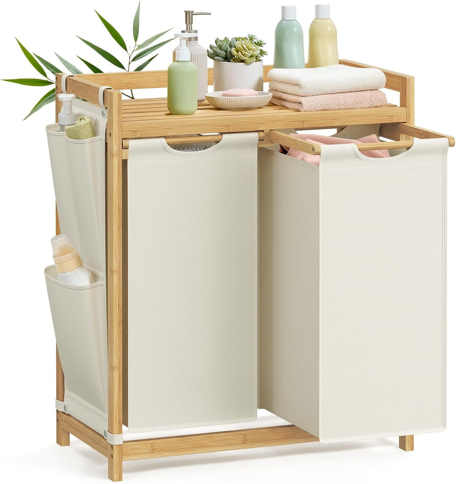 Dual Laundry Hamper with Bamboo Shelf 2 Compartments Sorter 100L Cream