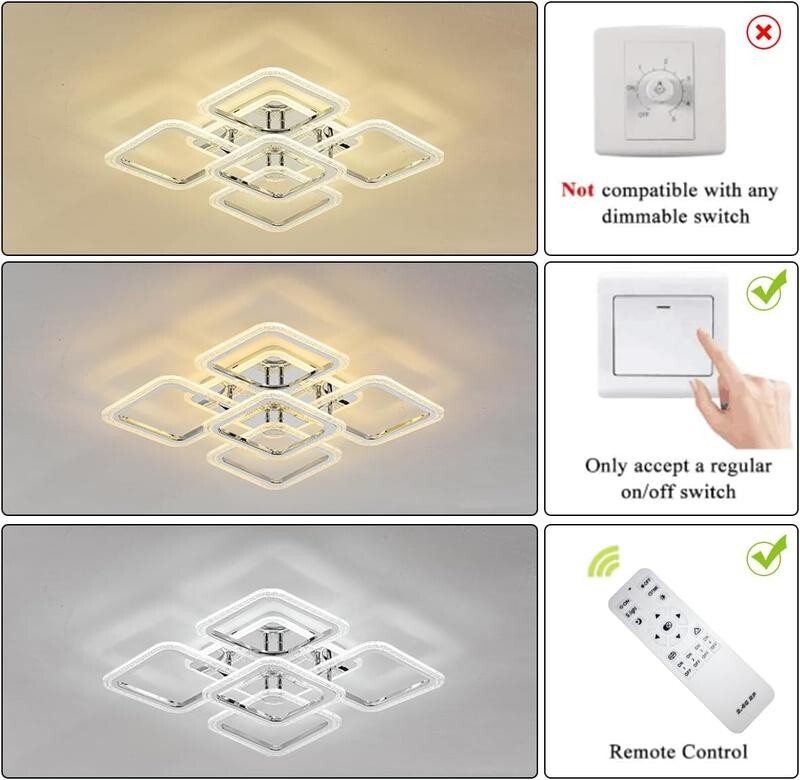 Modern LED Ceiling Light 100W Dimmable Remote Chrome Square 5 Lights