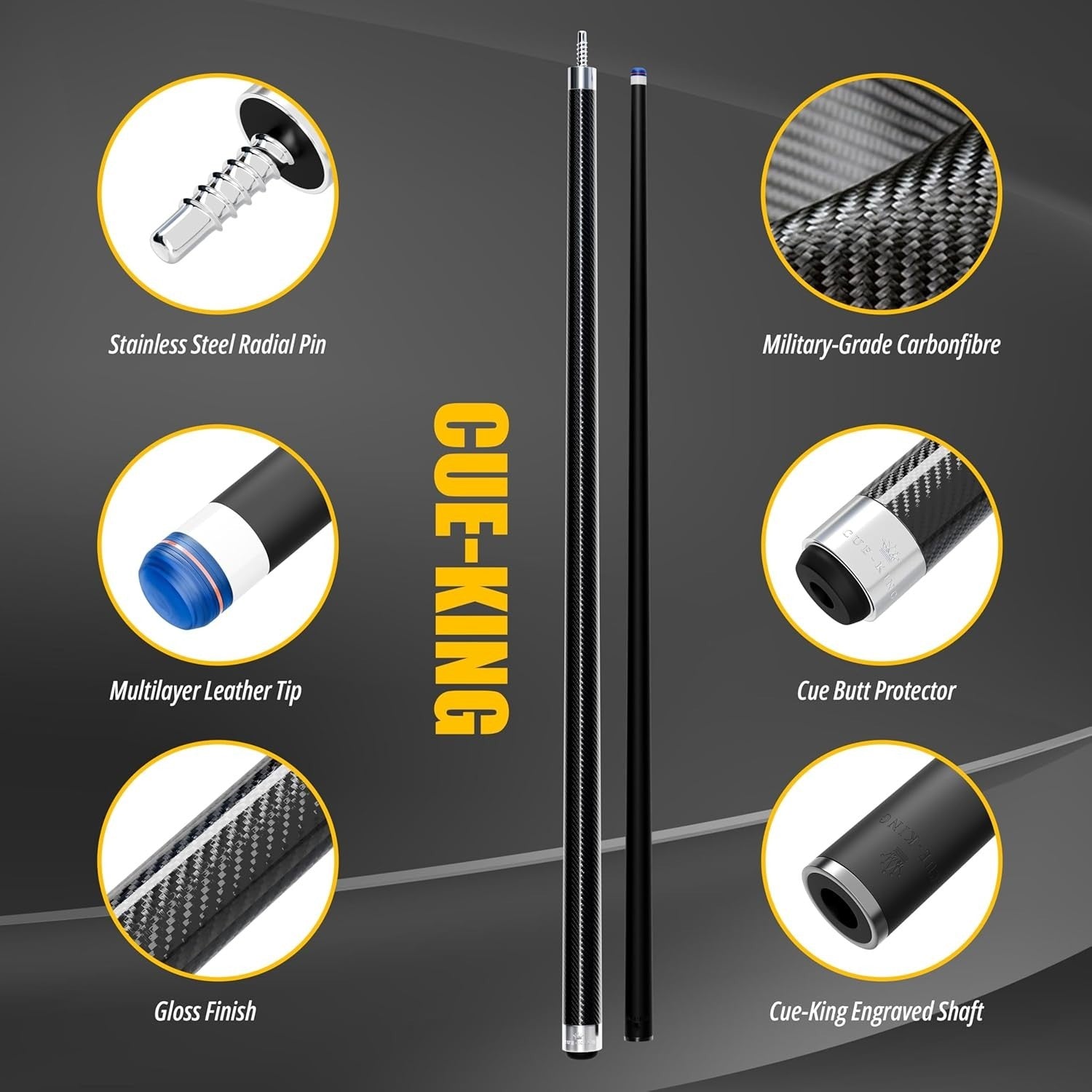 Carbon Fibre Pool Cue 58 Inch 12.5mm Tip 2 Piece 18oz Pro Stick