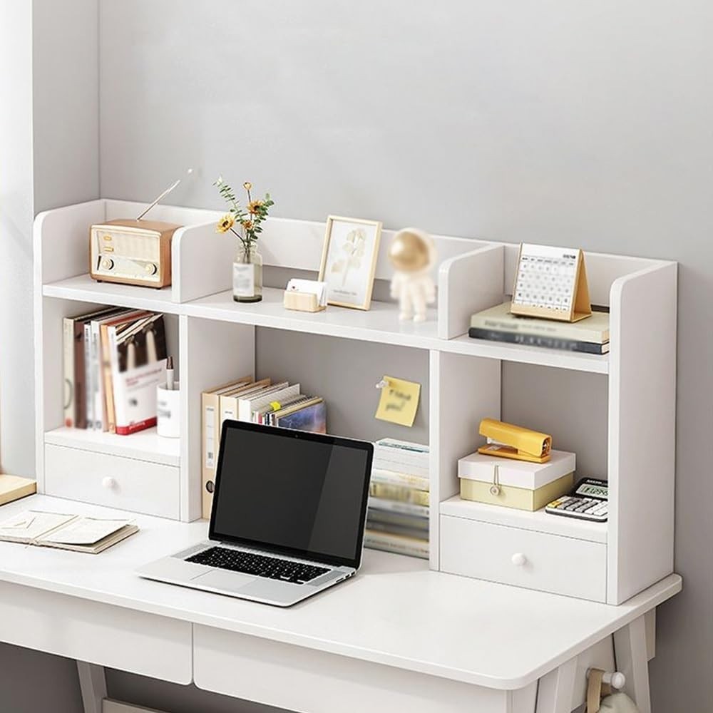 Wood Desk Hutch Bookshelf 3-Tier White Countertop Organizer w/ Doors 100×16×52cm