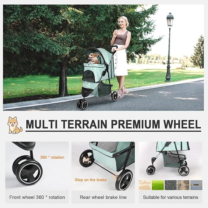 Pet Stroller 3 Wheel Folding Dog Cat Buggy with Storage Basket Travel Pram
