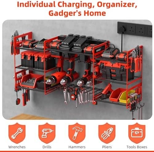 Wall Mounted Power Tool Organizer 8 Drill Charging Rack Red