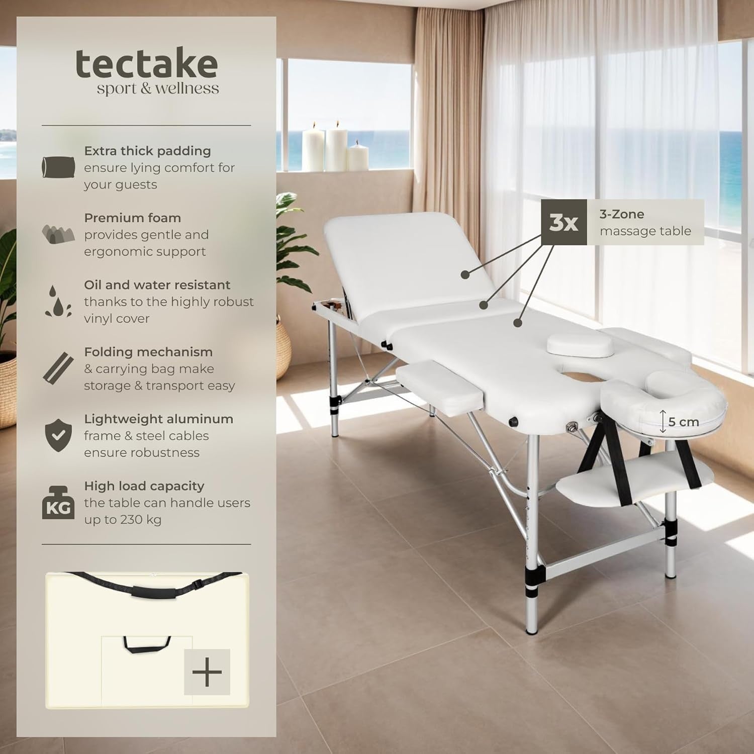 Portable 3 Section Massage Table Foldable Spa Beauty Bed 61cm Adjustable White