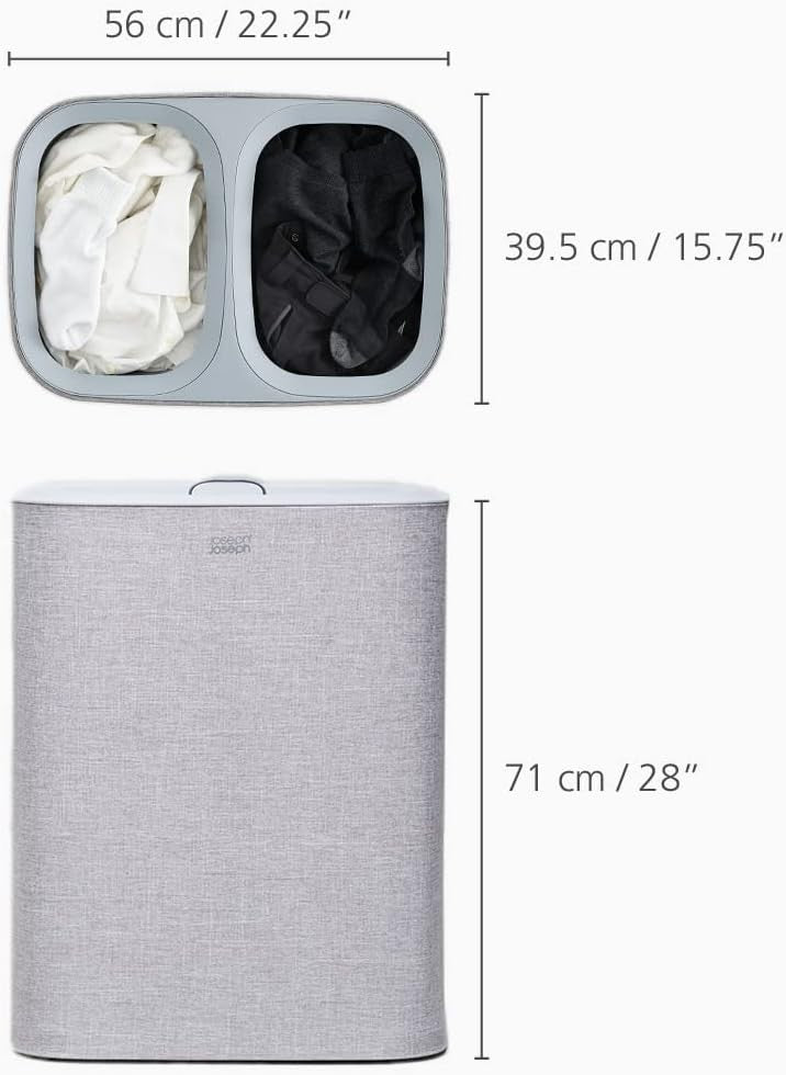 90L Dual Compartment Laundry Basket with Lid Removable Bags Grey Modern