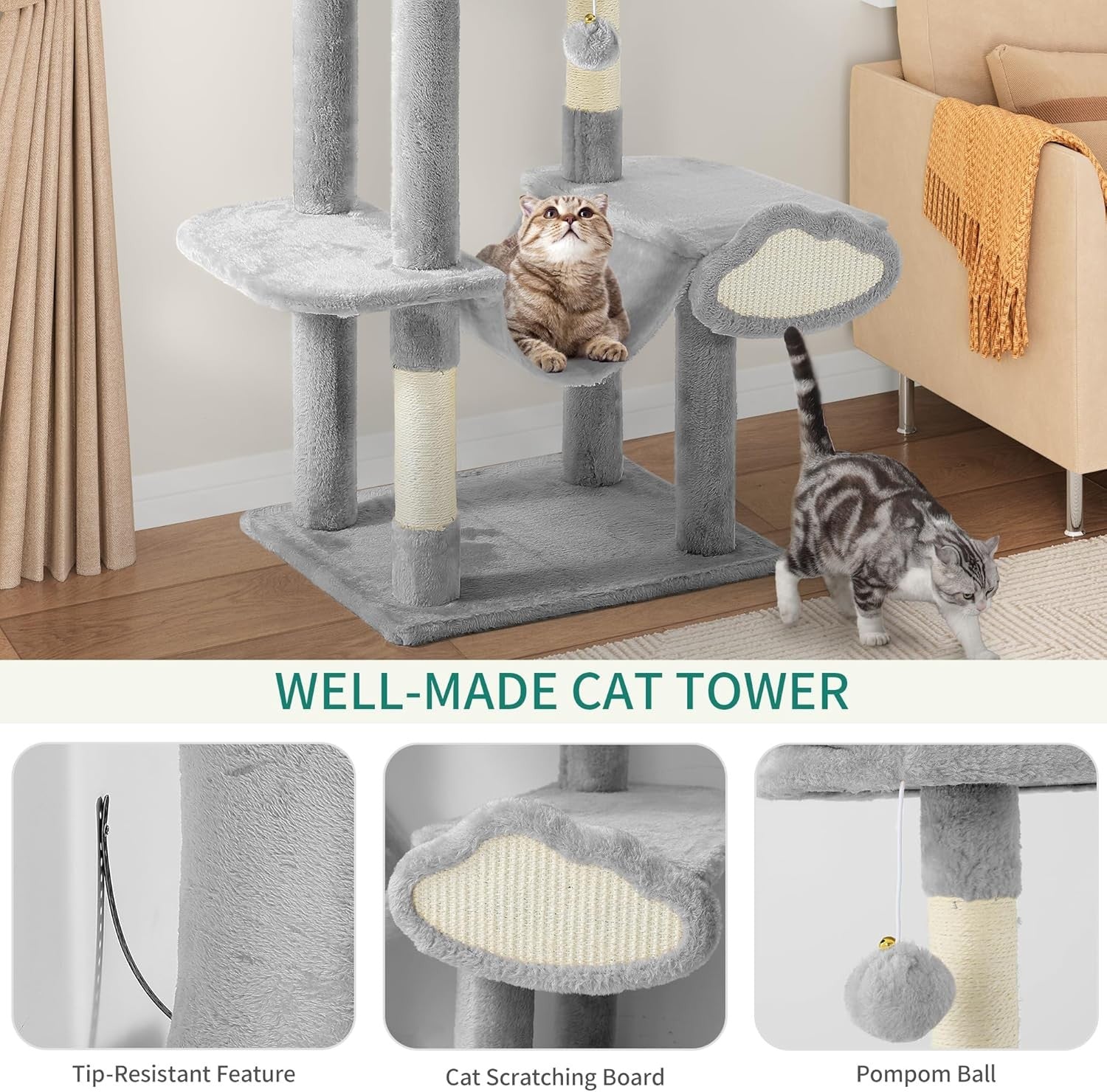 Tall Cat Tree Tower 142cm Scratching Post Hammock Condo Multi-Level