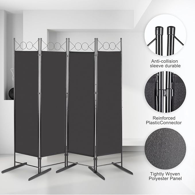 Black 4 Panel Room Divider 5.7FT Folding Privacy Screen – Portable Partition Wal