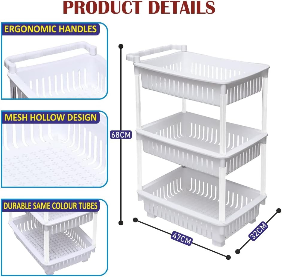 2x 3 Tier Rolling Storage Trolley Carts on Wheels Kitchen Bathroom Organizer
