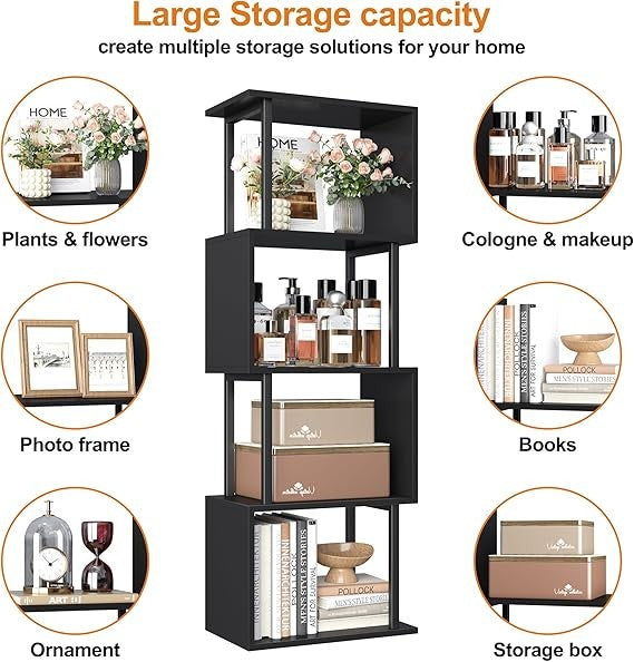Modern S-Shaped 4-Tier Corner Bookshelf | Space-Saving Display Shelf | Black